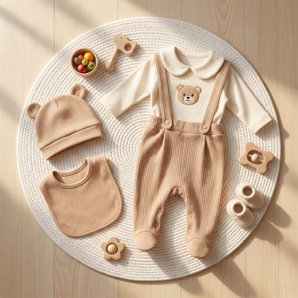 Brown ribbed baby 5-piece dungaree set styled on a round White rug, featuring a teddy bear chest patch, collared long-sleeve top, footed dungarees, bear-ear cap and matching bib.