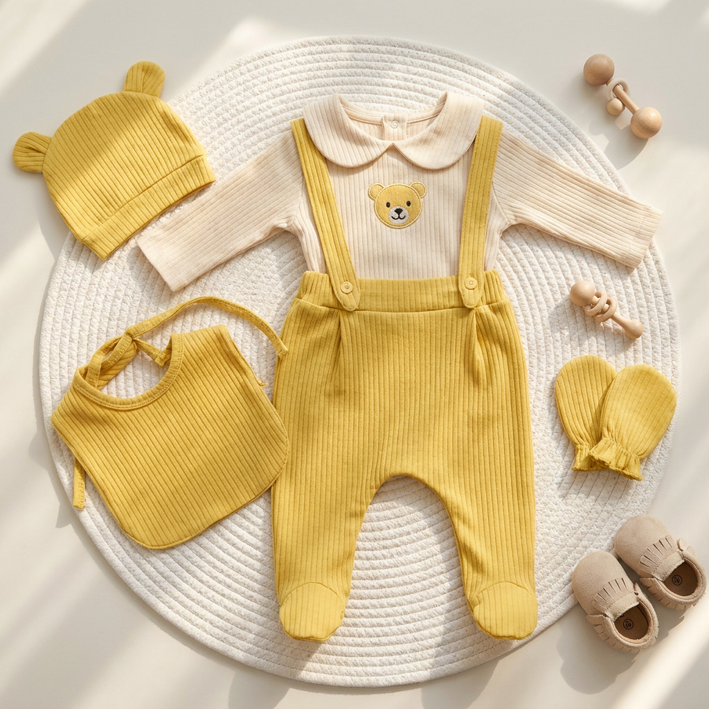 Yellow ribbed baby 5-piece dungaree set laid flat on a round White rug, showing a bear-patch Peter Pan collar top, footed dungarees, bear-ear cap, bib and mittens.