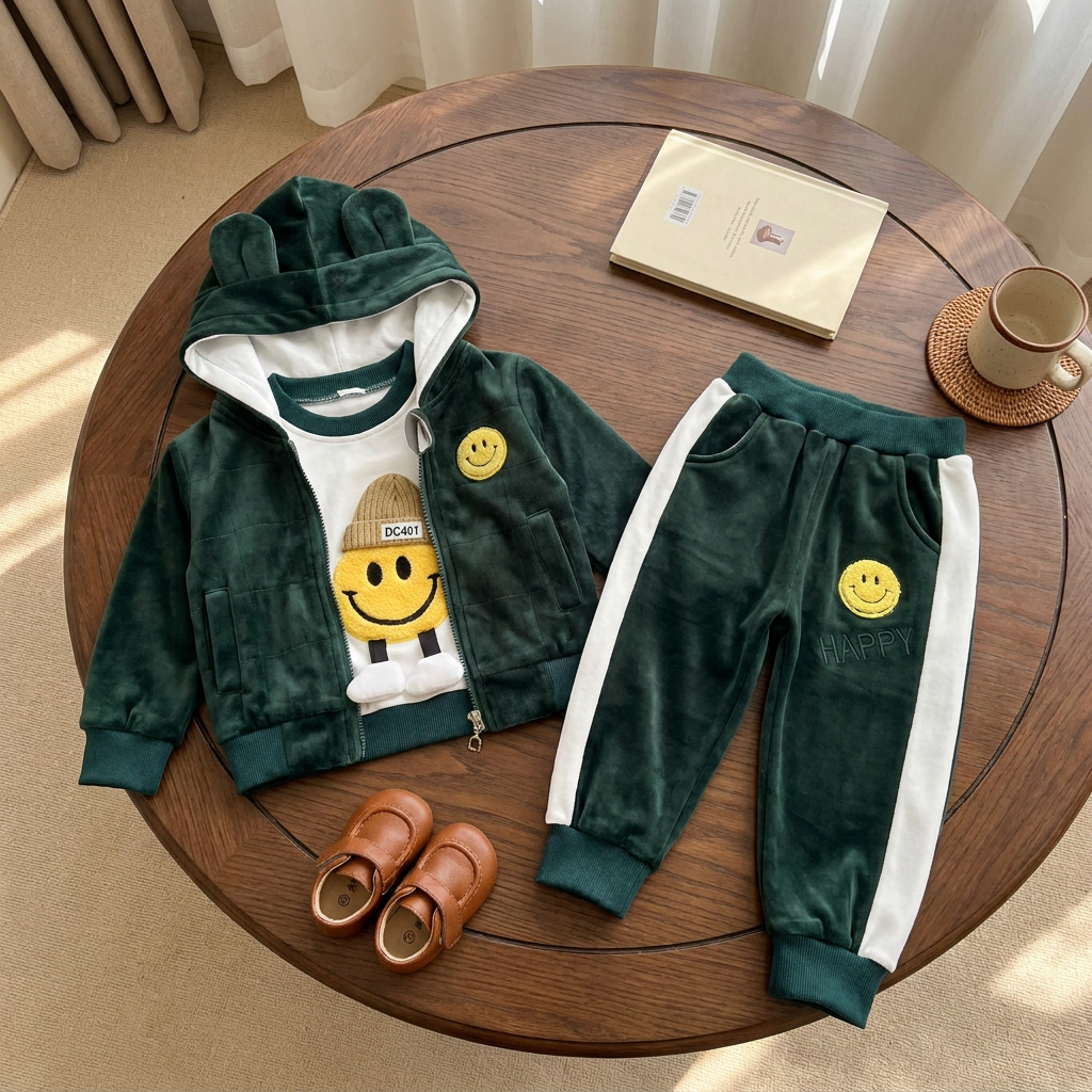 Deep Green kids velvet 3-piece suit flat lay with ear-detail hooded zip jacket, White smiley graphic shirt and matching side-panel cuffed trousers.