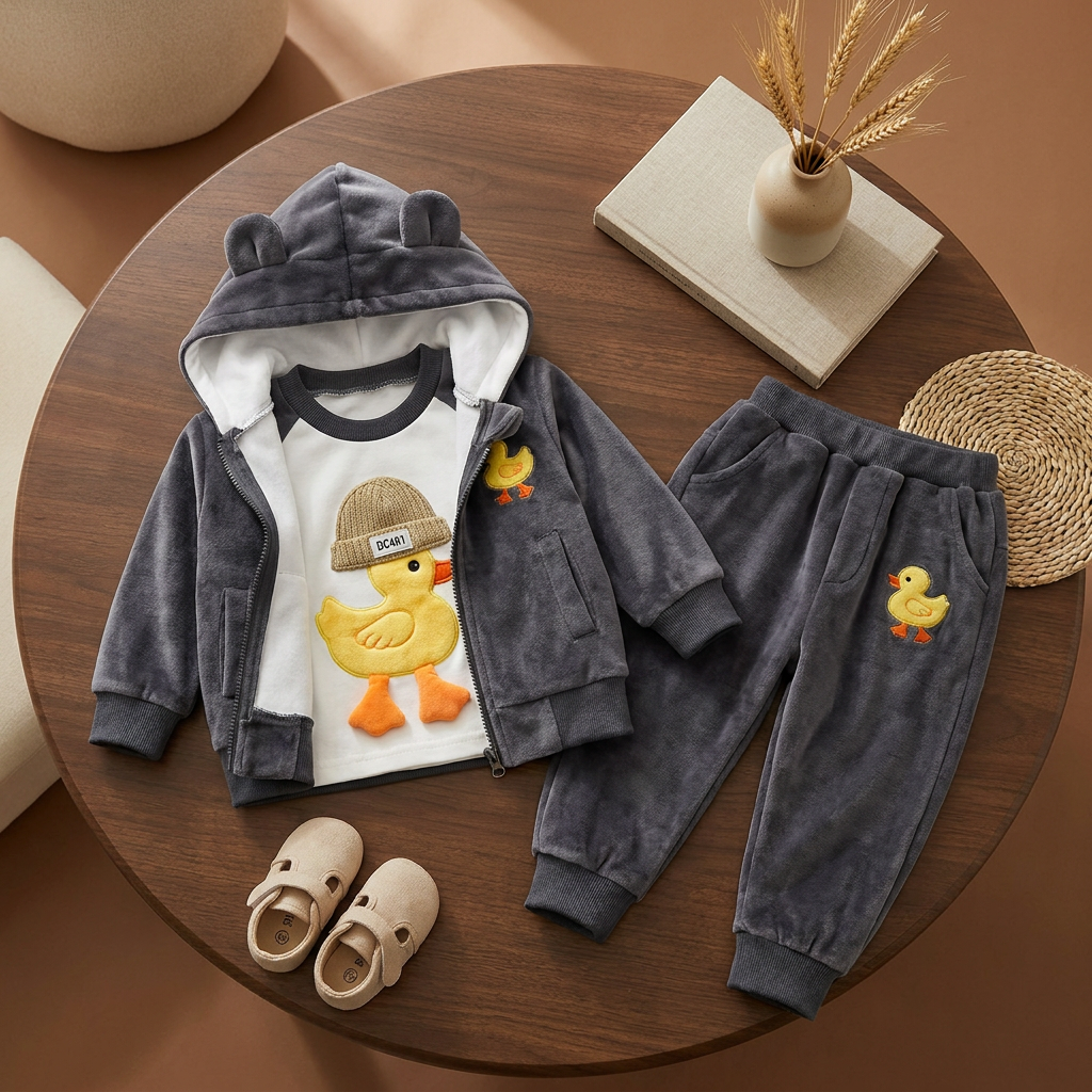 Grey kids velvet 3-piece suit displayed flat, featuring a rounded-ear hooded zip jacket, duck graphic shirt and matching duck-patch cuffed trousers.