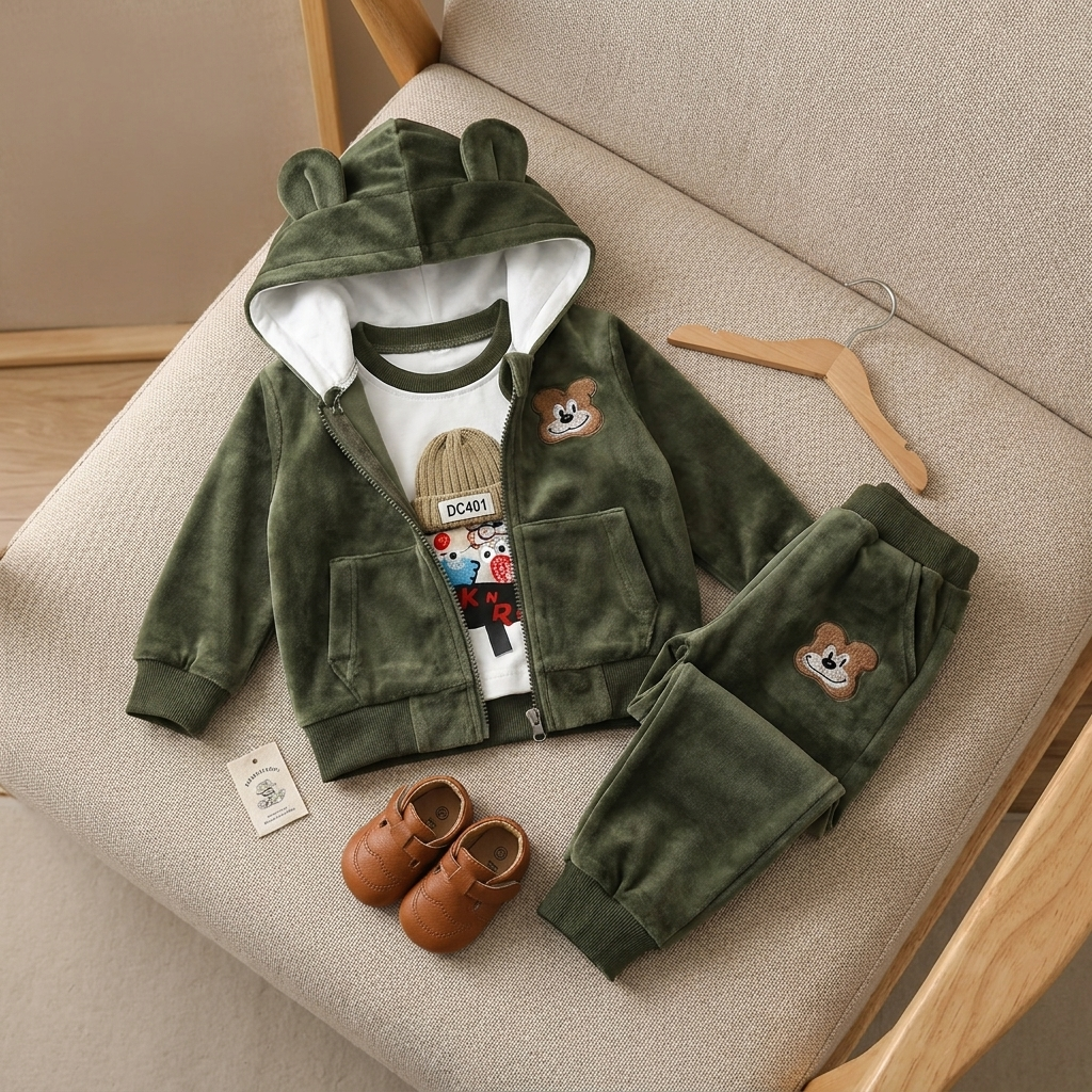 Green kids velvet 3-piece suit displayed on a chair, with raised bear ears on the lined hood, front-pocket zip jacket, printed shirt and matching cuffed trousers.