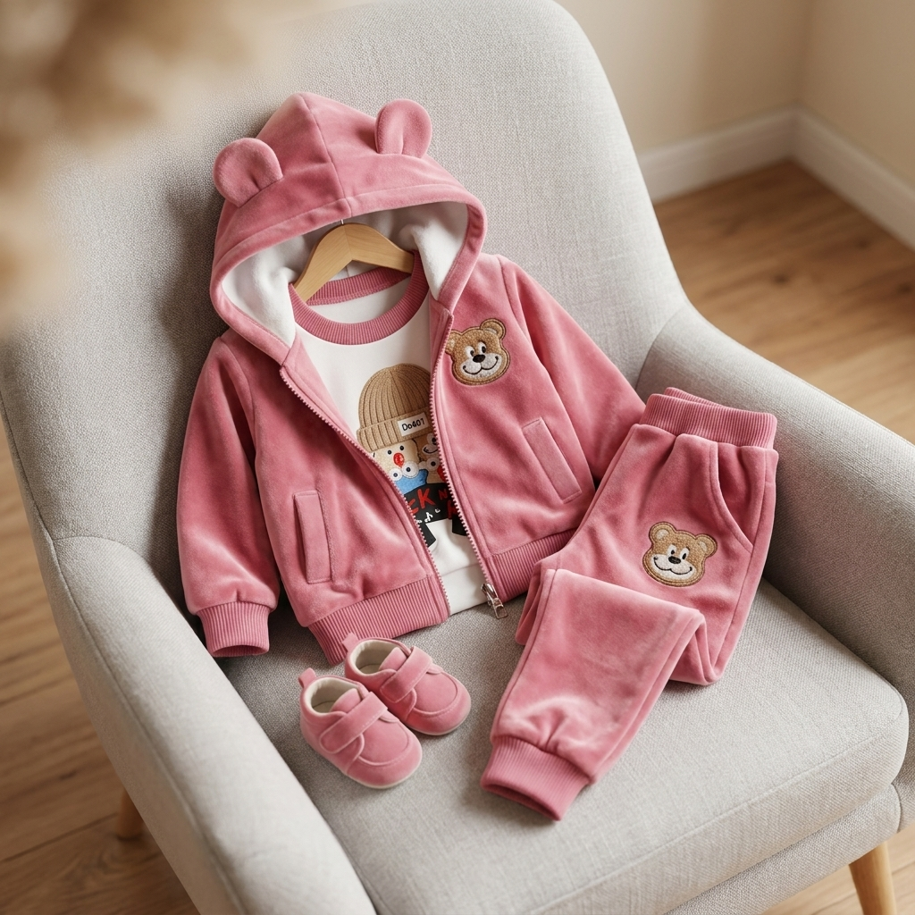 Pink kids velvet 3-piece suit arranged on a chair, featuring a bear-ear hooded zip jacket, bear graphic shirt and matching bear-patch cuffed trousers.