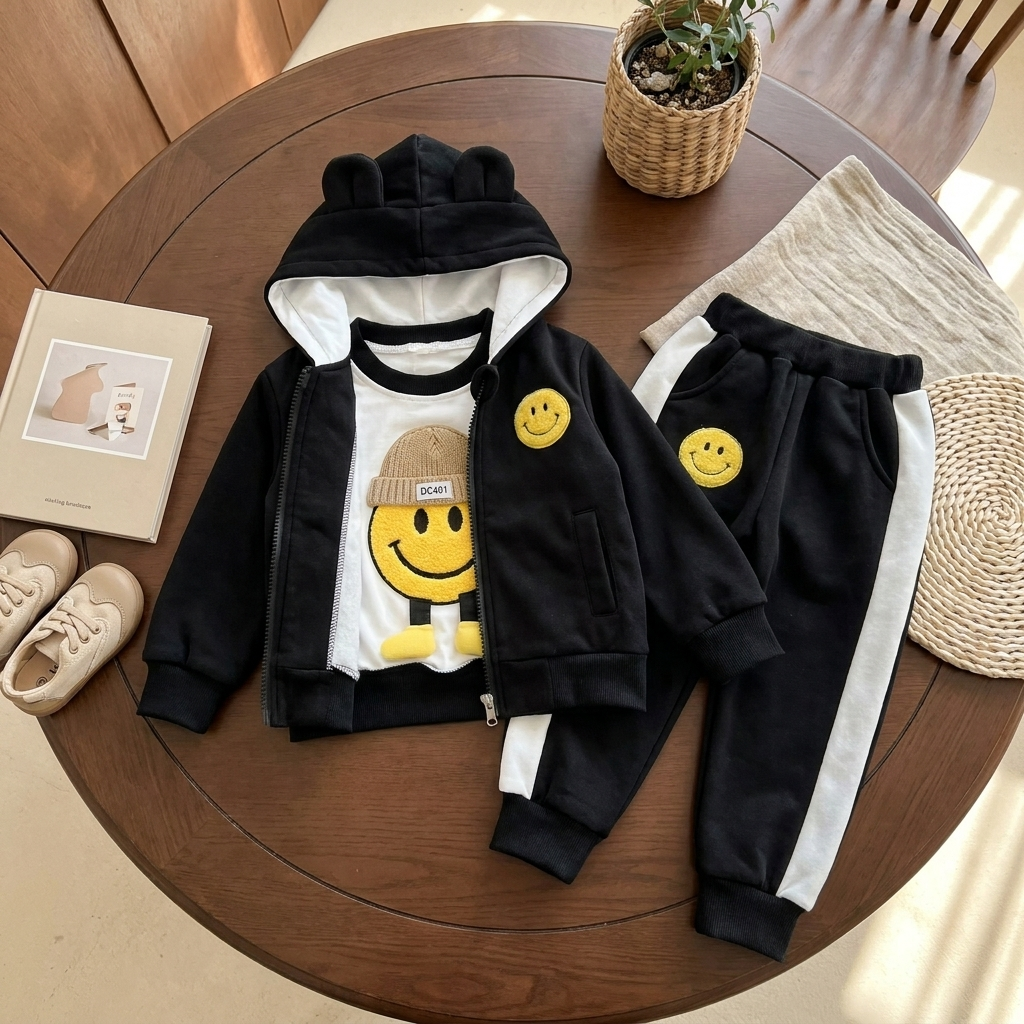 Black kids velvet 3-piece suit flat lay featuring a White-lined ear-detail hood, Yellow smiley patches and White-striped cuffed trousers.