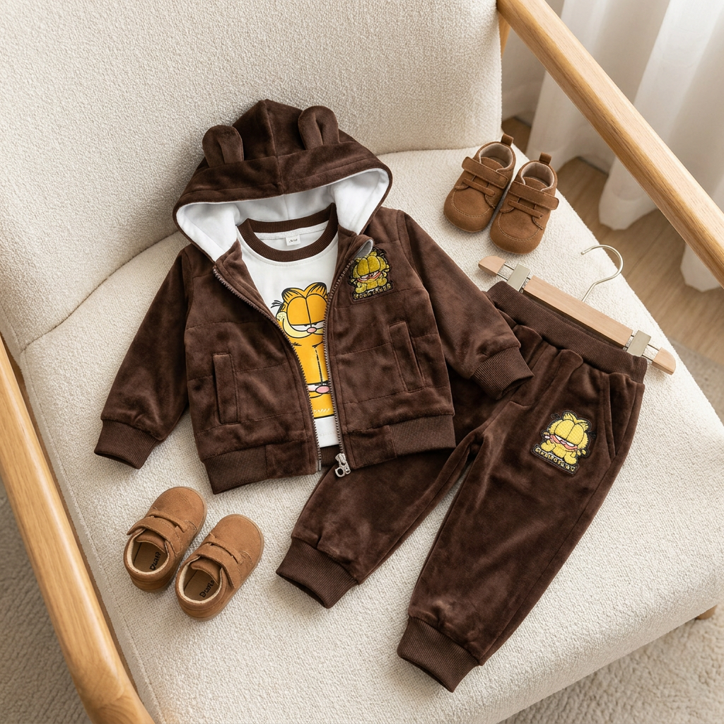 Brown kids Garfield velvet 3pc suit laid on a chair with raised hood ears, white graphic shirt, zip jacket and elastic-waist cuffed trousers.