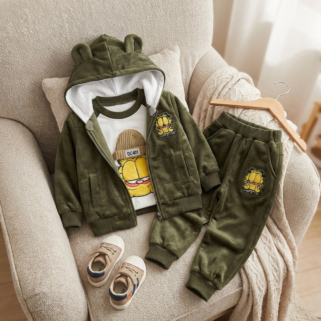 Olive Green kids Garfield velvet 3pc suit displayed on an armchair, featuring a light-lined ear hood, front zip jacket and Garfield trouser patch.