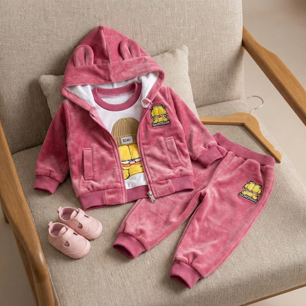 Pink kids Garfield velvet 3pc suit displayed on a chair with an ear-detail hooded zip jacket, character graphic shirt and matching cuffed trousers.