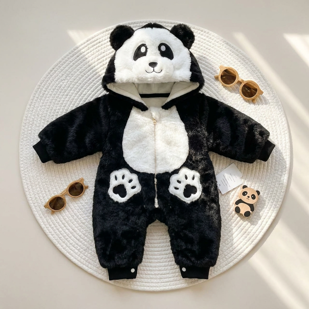 Black kids panda face shaggy hooded romper displayed flat with outstretched sleeves, showing the fluffy panda hood, White belly panel and dark ribbed cuffs.