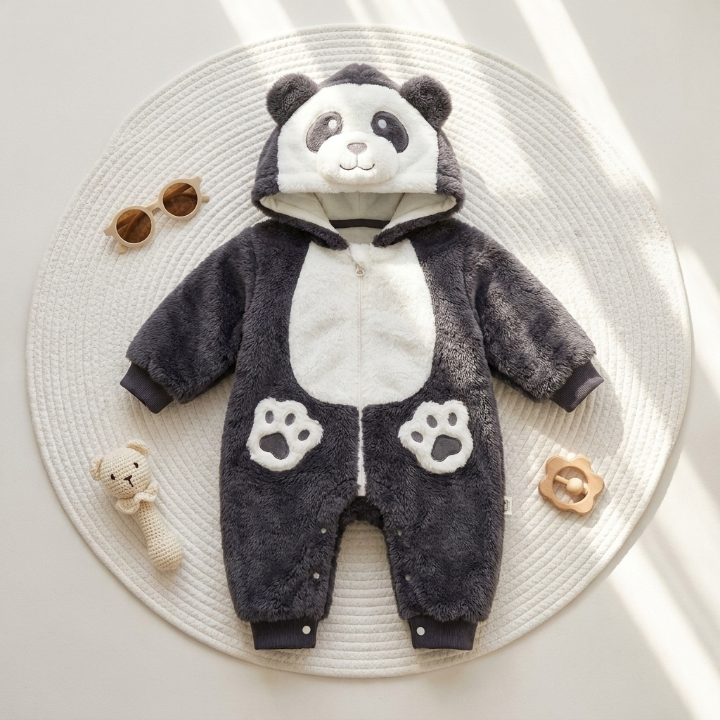 Grey kids panda face shaggy hooded romper laid flat on a round White rug, featuring a White tummy panel, rounded ears and raised paw-print appliques.