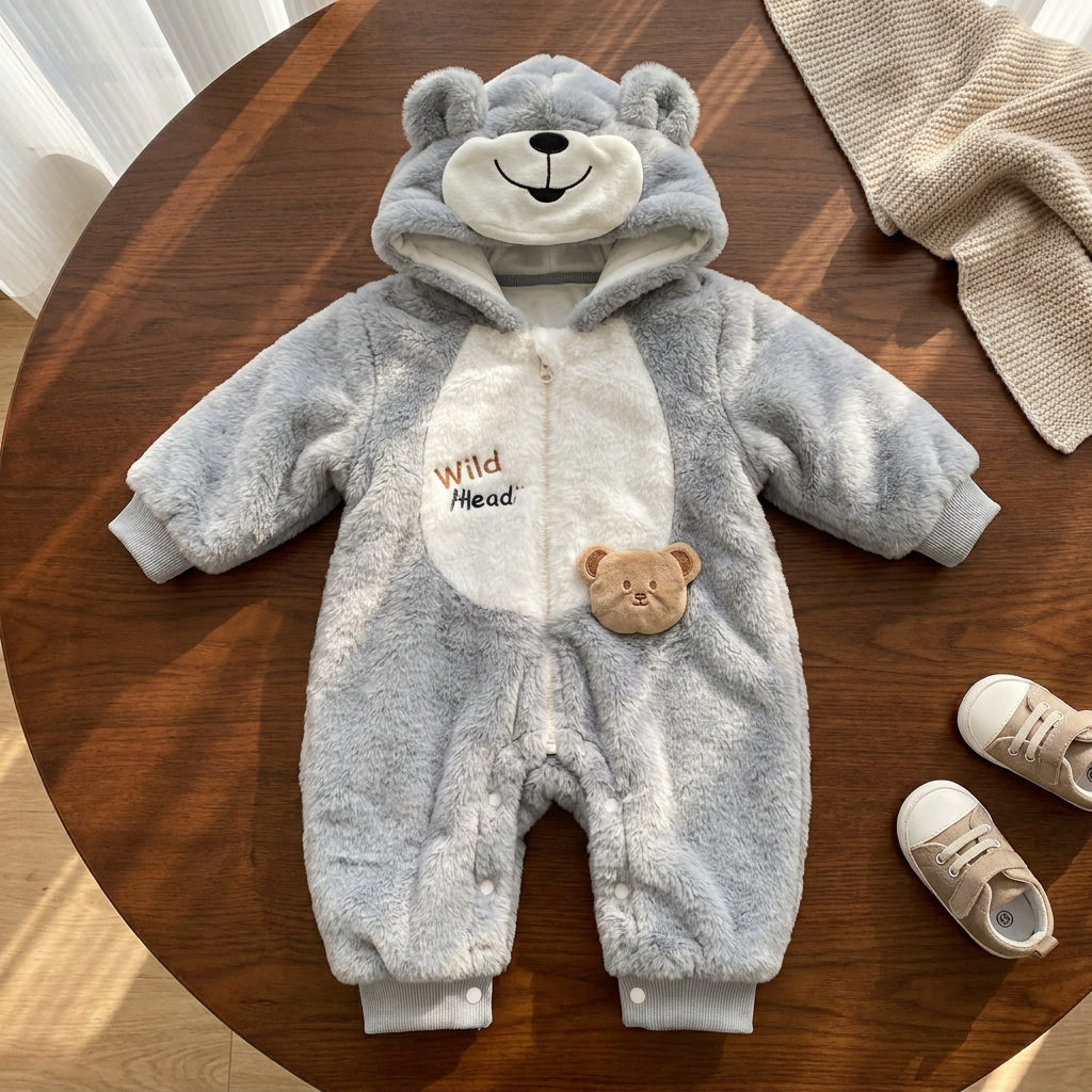 Grey kids shaggy hooded bear romper laid flat on a wooden table, showing the smiling bear-face hood, White tummy panel and lower bear applique.