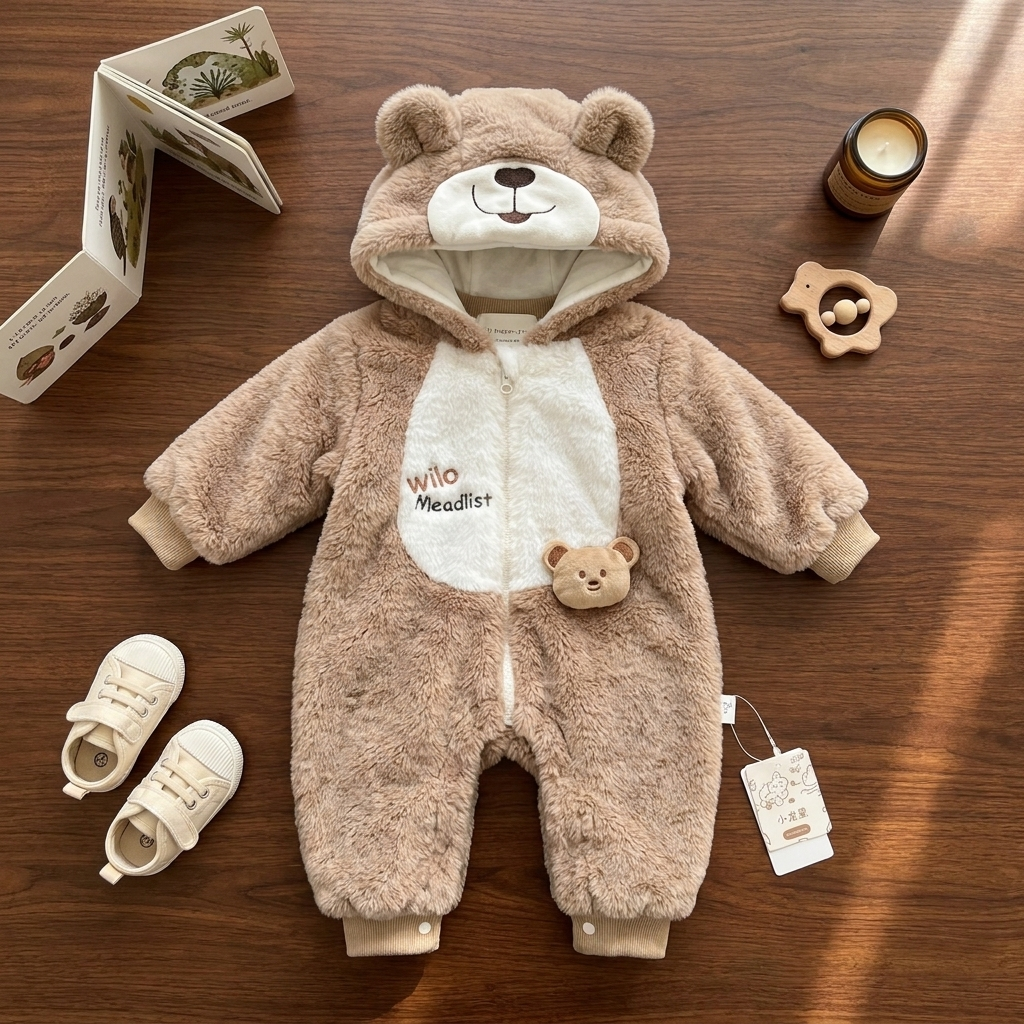 Brown kids shaggy hooded bear romper displayed flat on a wooden table, featuring rounded bear ears, fluffy White tummy, front zip and ribbed cuffs.