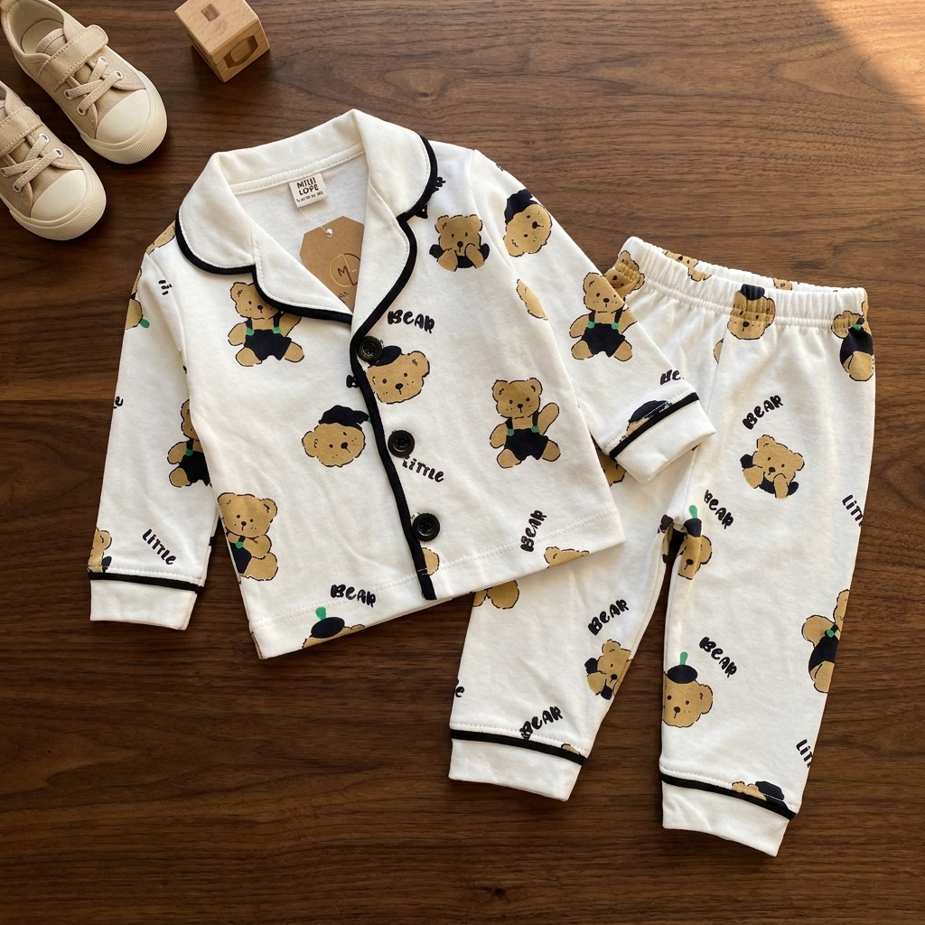 Cream kids cotton night suit laid flat with teddy bear print, black-piped rounded collar, button-front long-sleeve shirt and matching elastic-waist trousers.