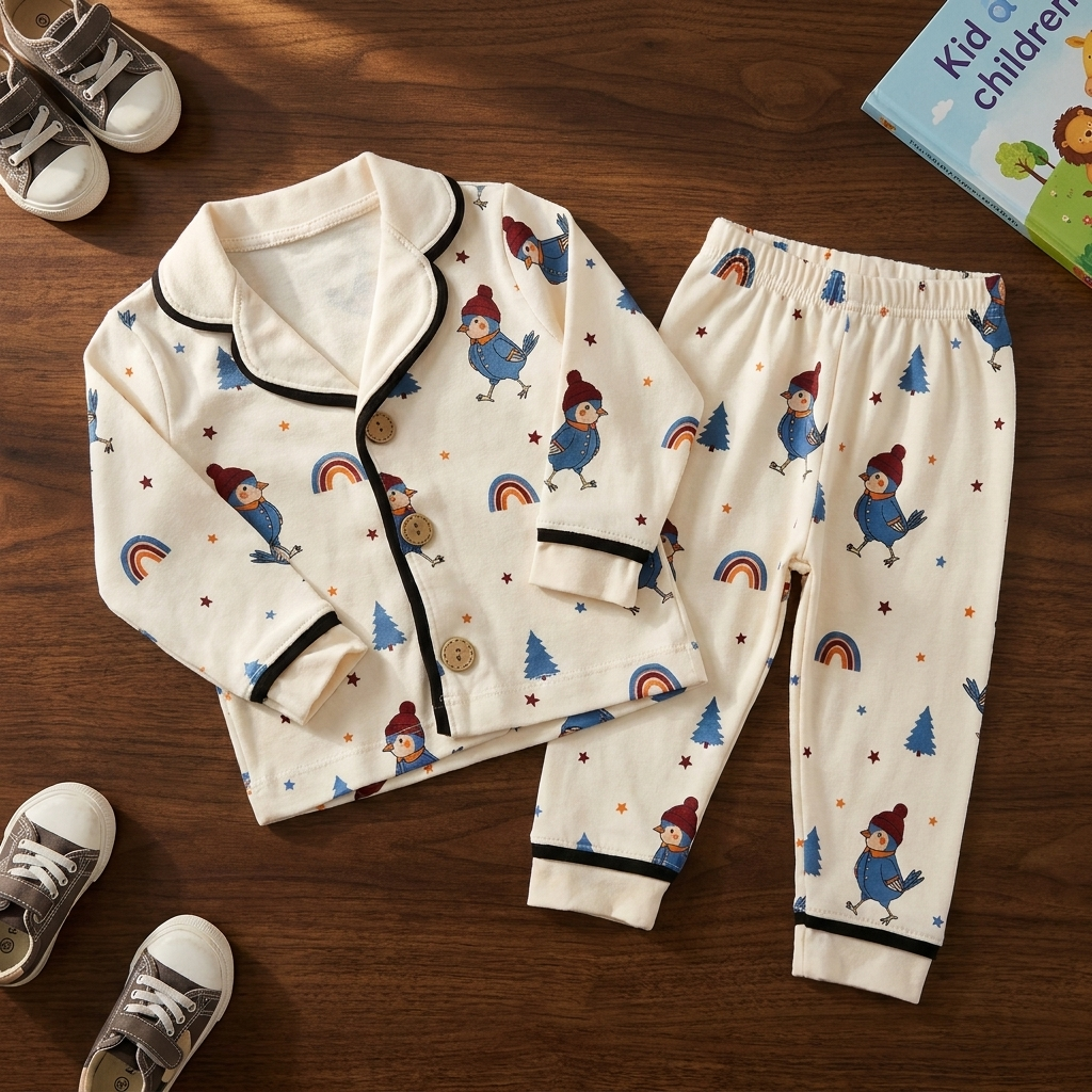 Cream kids cotton night suit with blue bird, rainbow, tree and star print, black-piped button shirt and matching full-length trousers.