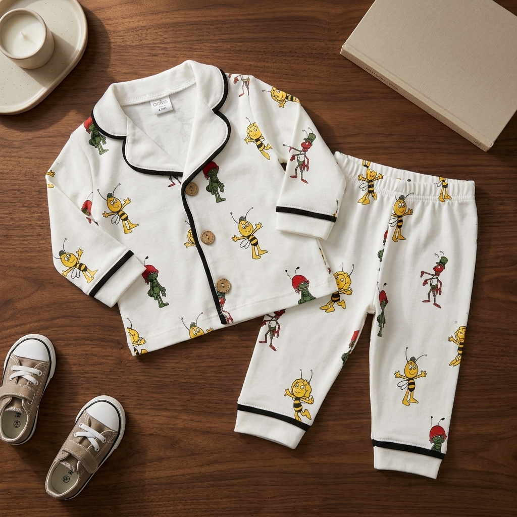 Light Blue kids cotton night suit with cheerful bee and insect print, black-piped collar, button-front shirt and coordinated trousers.