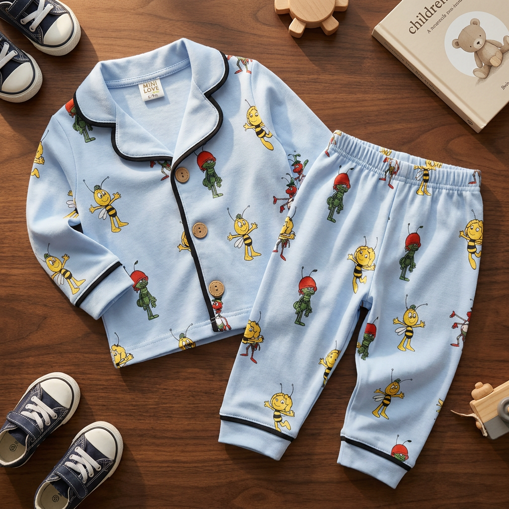 Black kids cotton night suit with colourful bee and insect print, yellow-piped collar and cuffs, button-front shirt and matching trousers.