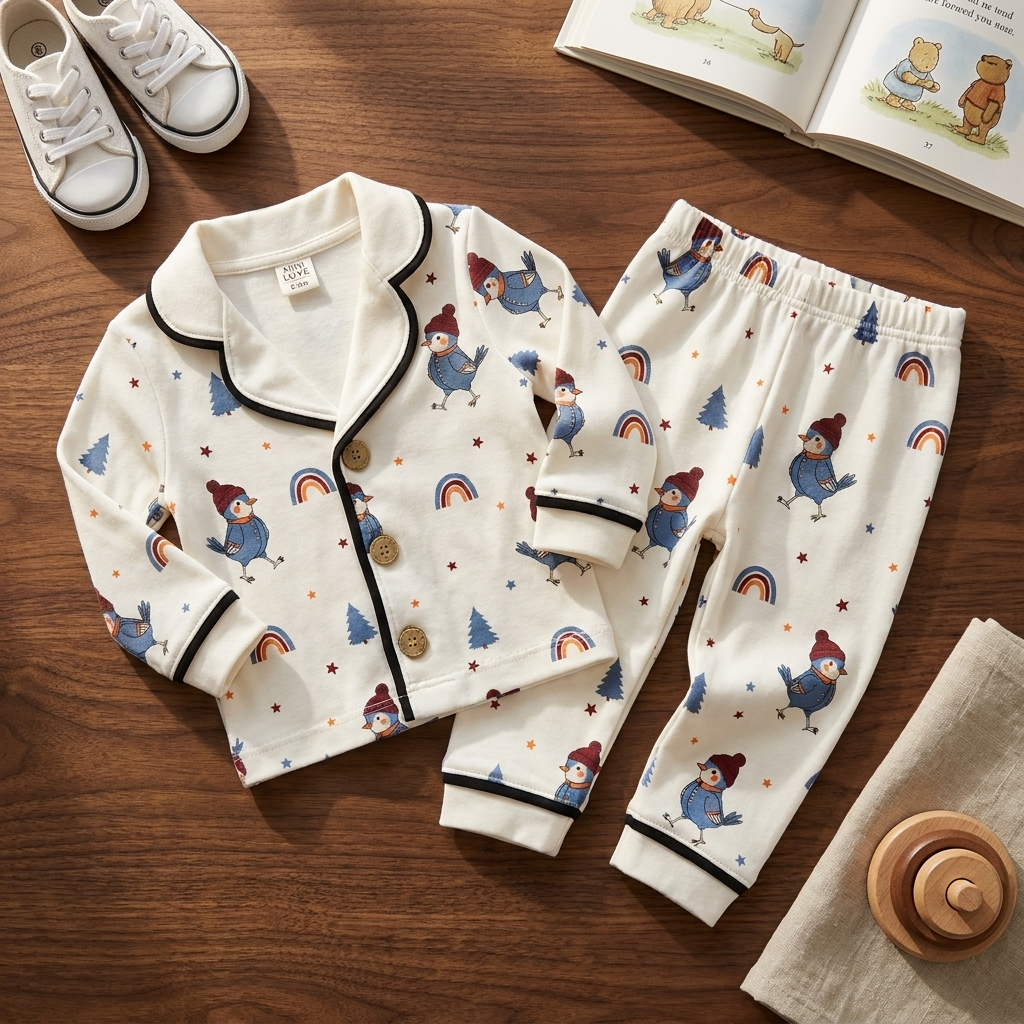 Cream kids cotton night suit laid flat with colourful bee and insect character print, contrast black piping and matching elasticated trousers.
