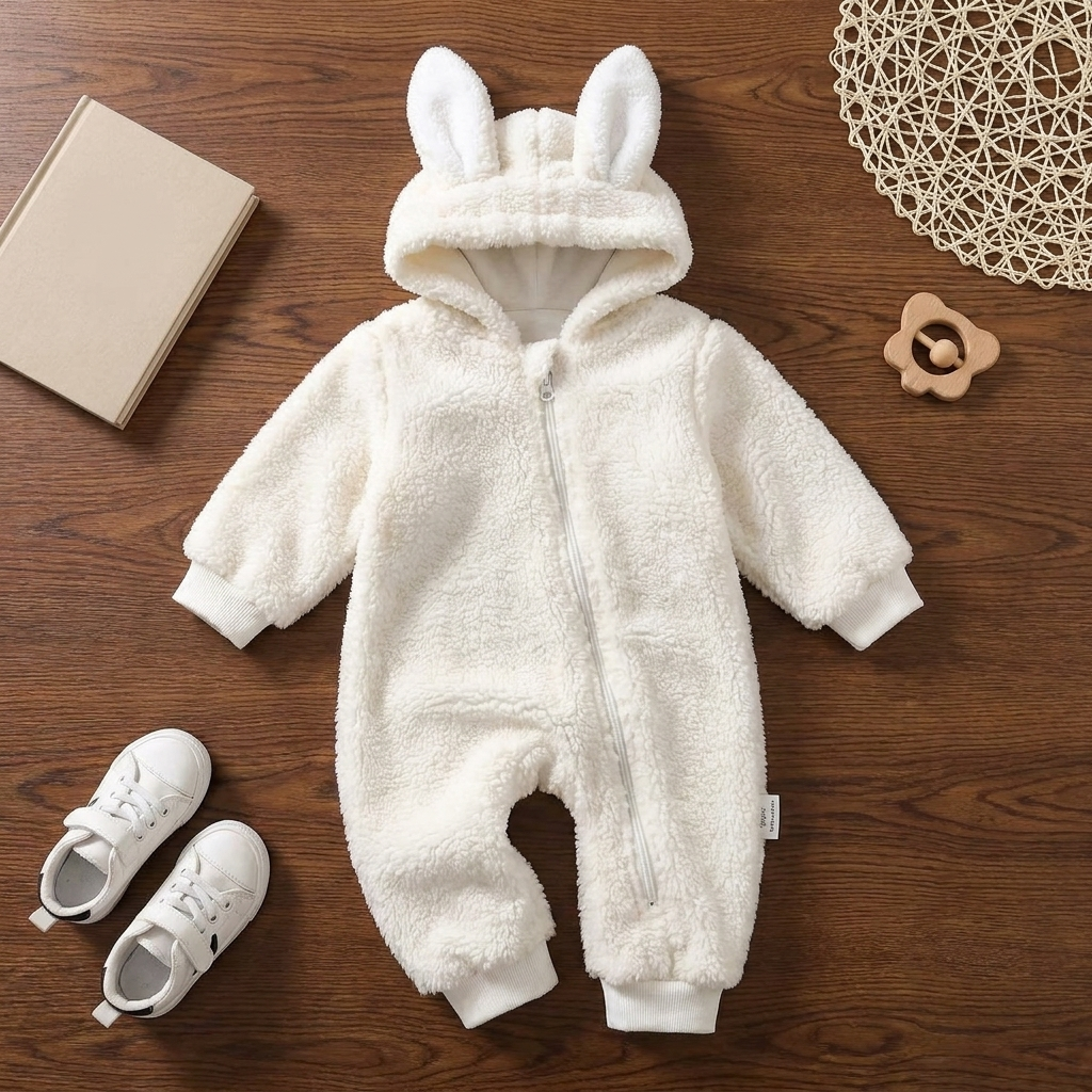 White baby bunny ear hooded shaggy zip romper laid flat with the hood open, showing the soft light lining, upright ears and cuffed sleeves.