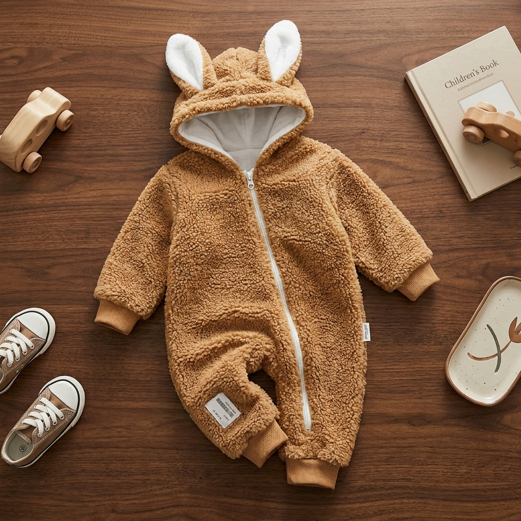 Brown baby bunny ear hooded shaggy zip romper on a wooden flat lay, with fluffy looped texture, white-lined ears and matching brown ribbed cuffs.