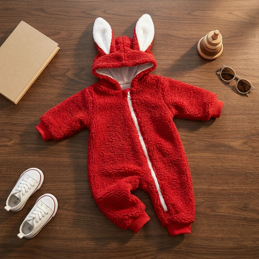 Red baby bunny ear hooded shaggy romper displayed flat on a wooden surface, featuring tall white inner-ear panels and a contrasting light zip.