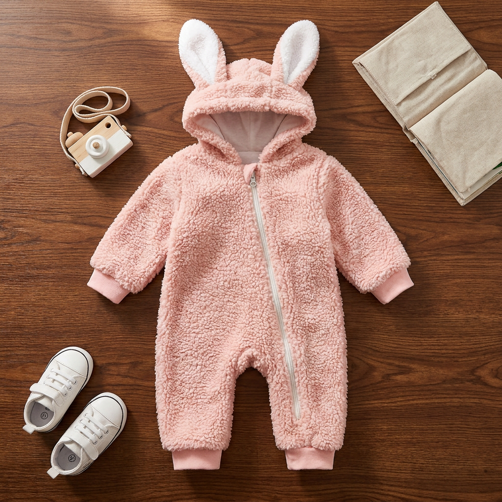 Pink baby bunny ear hooded shaggy zip romper laid flat on a wooden surface, showing its fluffy texture, white-lined ears and ribbed cuffs.