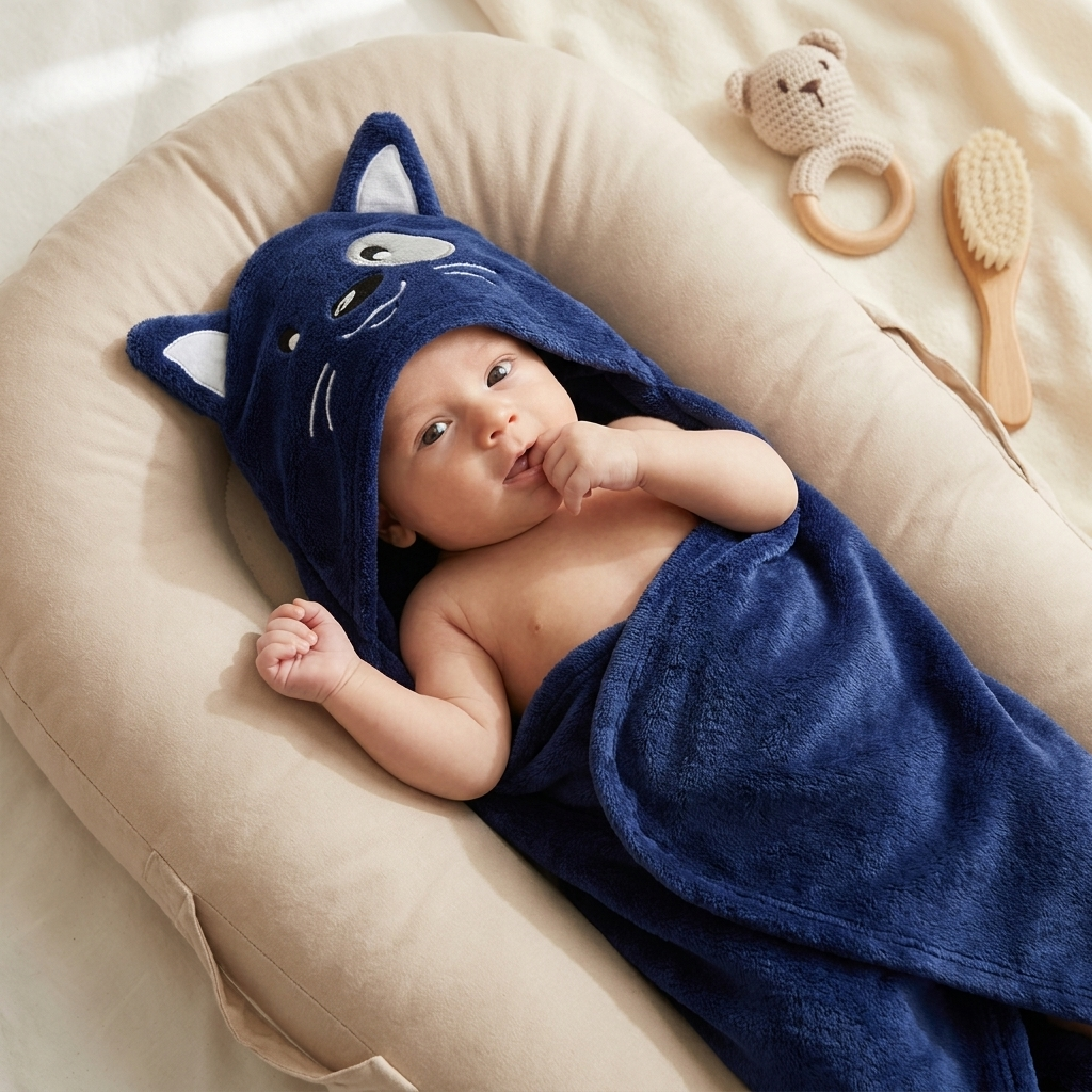 Blue plush baby character shawl wrapped around a baby in a cushioned nest, featuring a dark Blue cat-face hood with pointed ears.