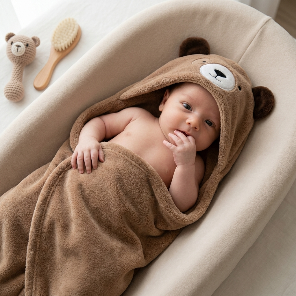 Brown plush baby character shawl wrapped around a baby in a cushioned nest, featuring a bear-face hood with rounded dark ears.