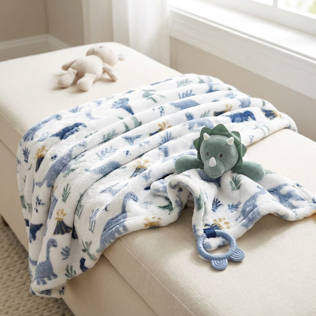 White baby blanket with Blue and Green dinosaur print, paired with a Green dinosaur plush toy and Blue ring detail on an ottoman