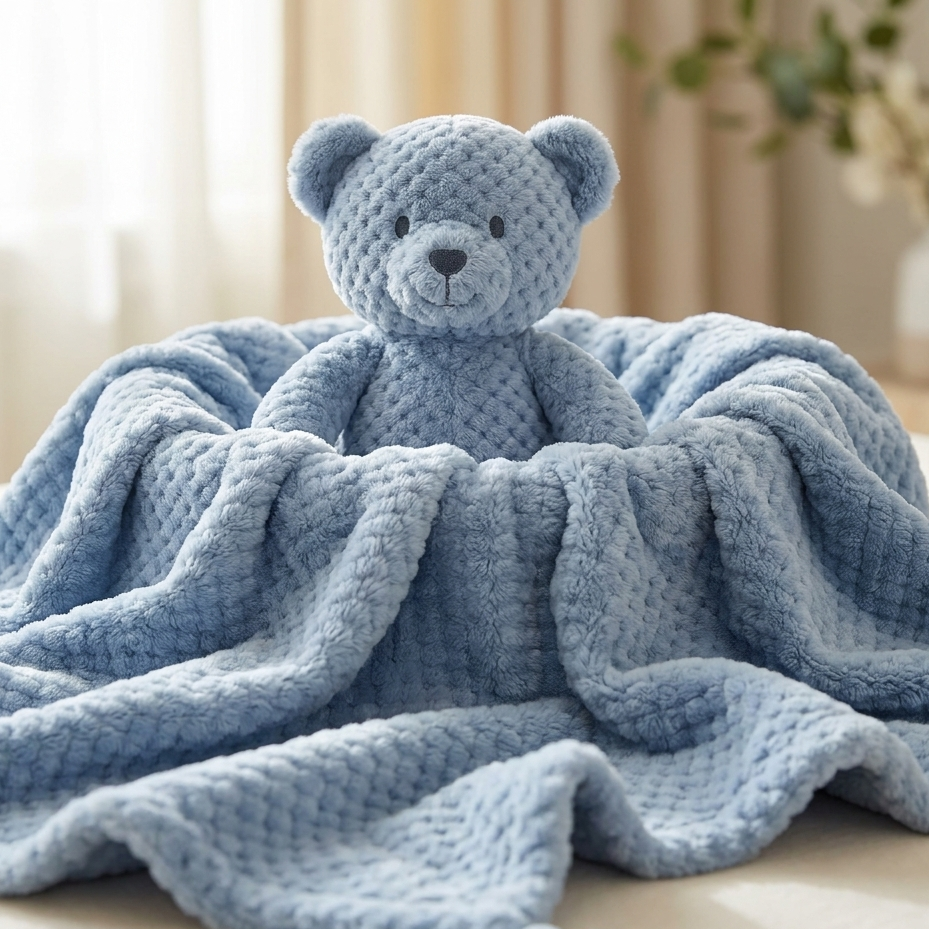 Blue teddy bear soft toy posed on a Blue dotted plush-look blanket, showing the textured blanket surface and matching colour presentation.