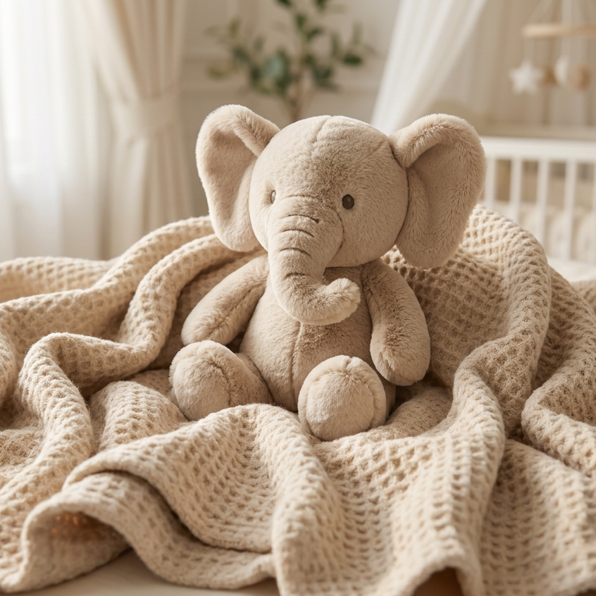 Beige elephant plush toy sitting on a coordinating cream-beige dotted blanket in a softly styled nursery scene.
