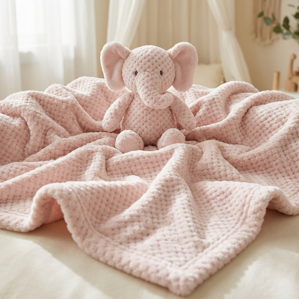 Pink elephant soft toy sitting on a spread Pink dotted plush-look blanket in a warm nursery-style bedroom scene.