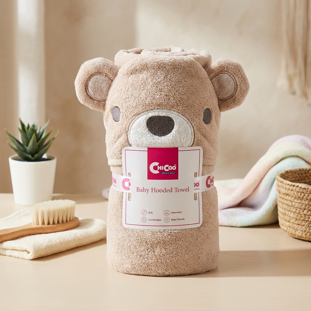 Brown baby hooded bath towel with rounded bear ears, embroidered face and large contrasting snout detail.