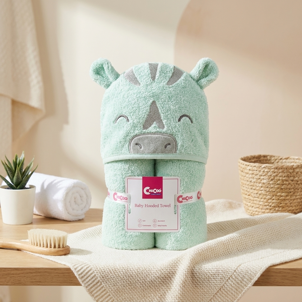 Mint green baby hooded bath towel with zebra-inspired embroidered face, stripe detail and raised ears.