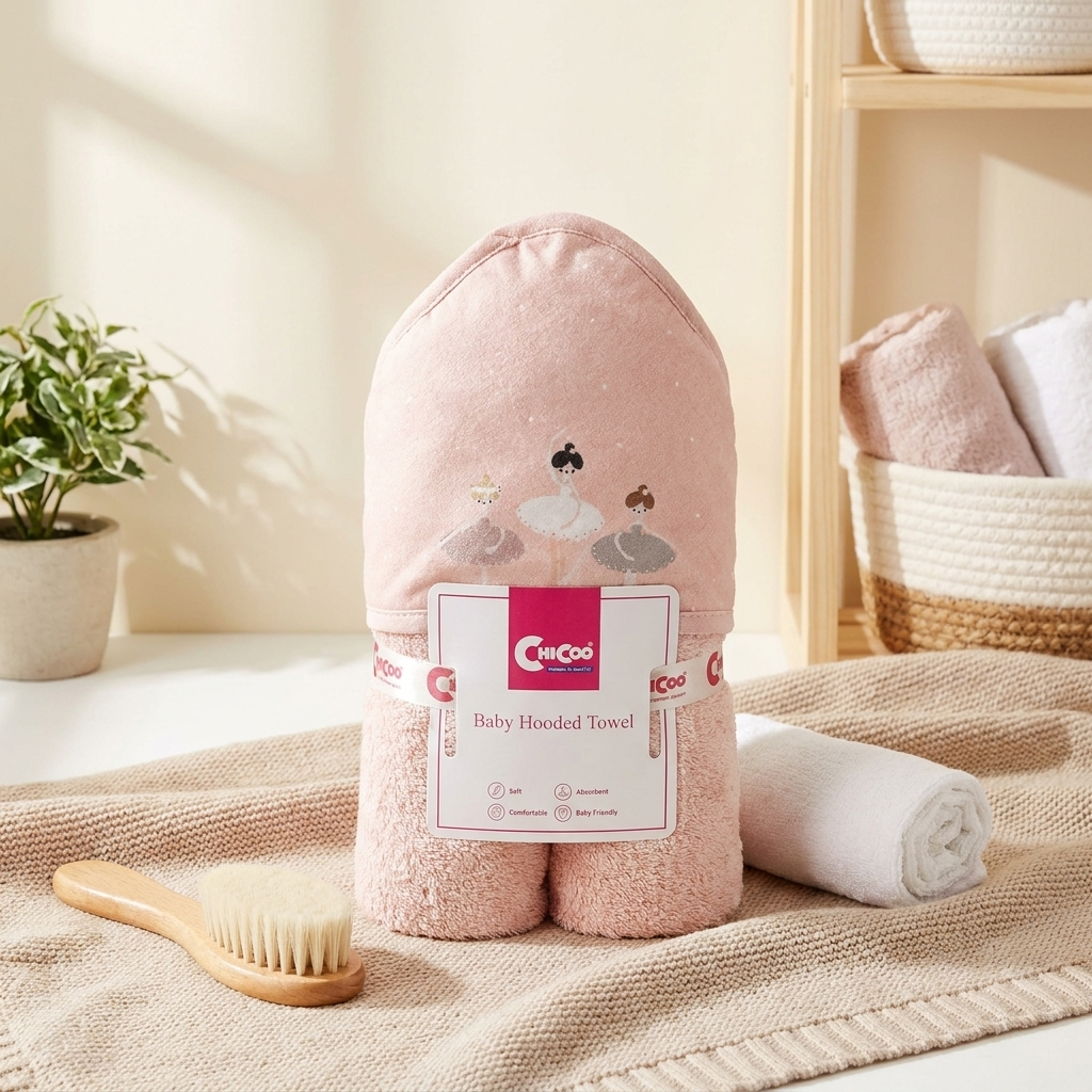 Soft pink baby hooded bath towel with delicate ballerina embroidery across the pointed hood.