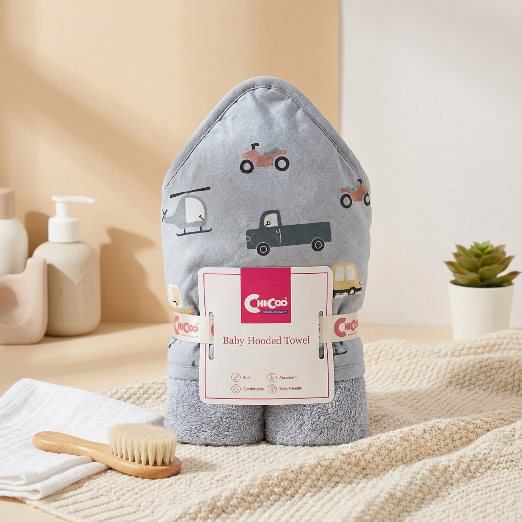 Grey-toned baby hooded bath towel rolled with a vehicle-print hood featuring cars, a helicopter and trucks.