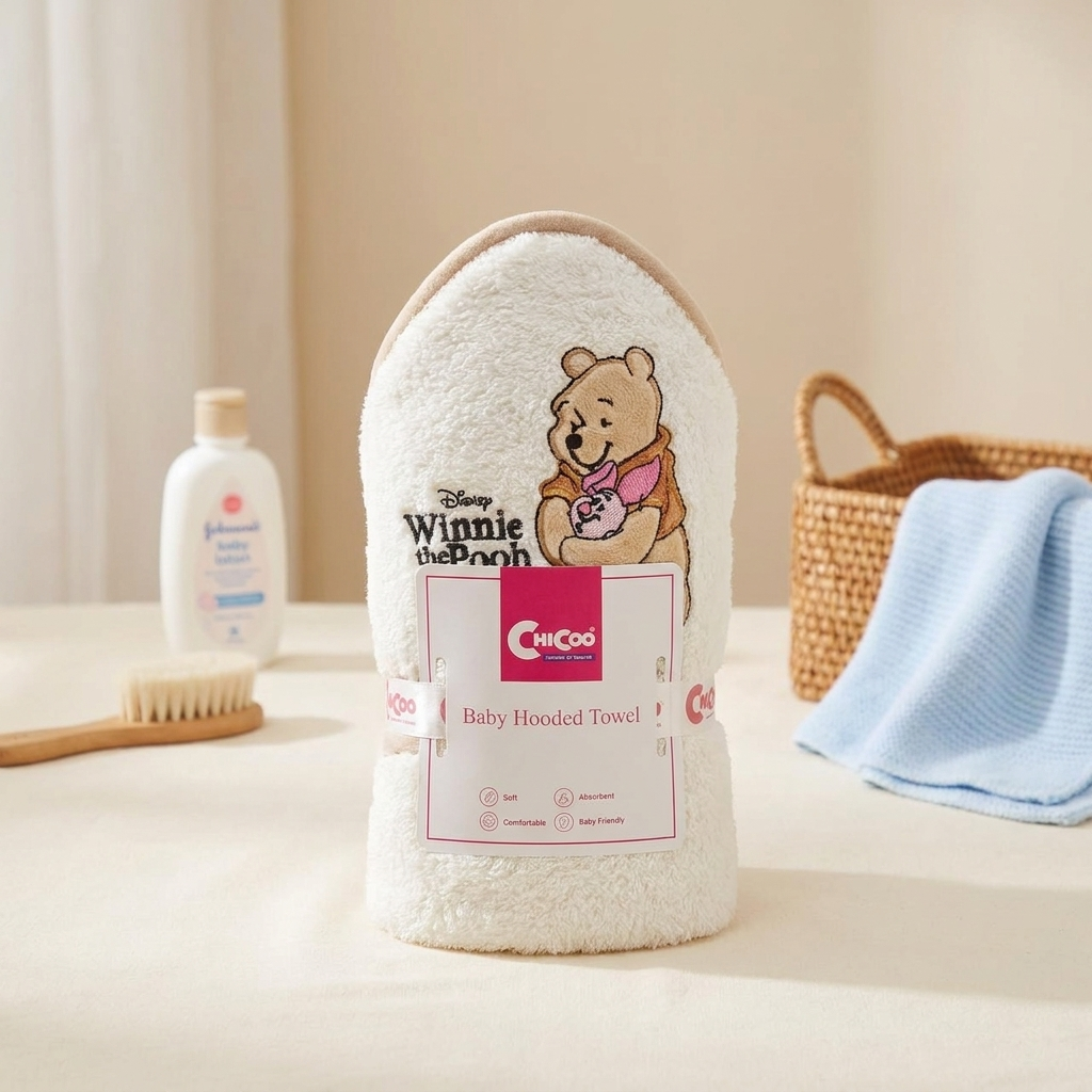 White baby hooded bath towel rolled upright with embroidered Winnie the Pooh artwork on the rounded hood.