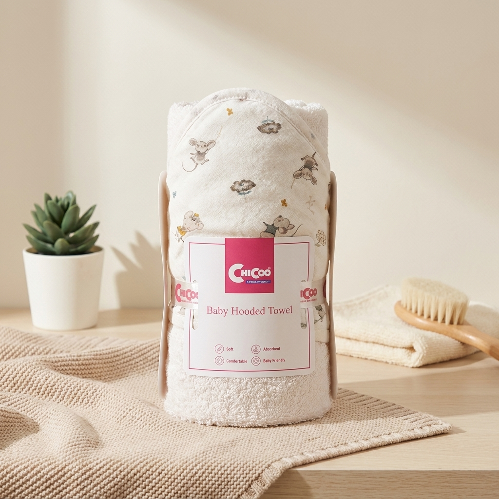 Cream baby hooded bath towel rolled with a bear-ear hood, small animal print details and ChiCoo Baby Hooded Towel band.