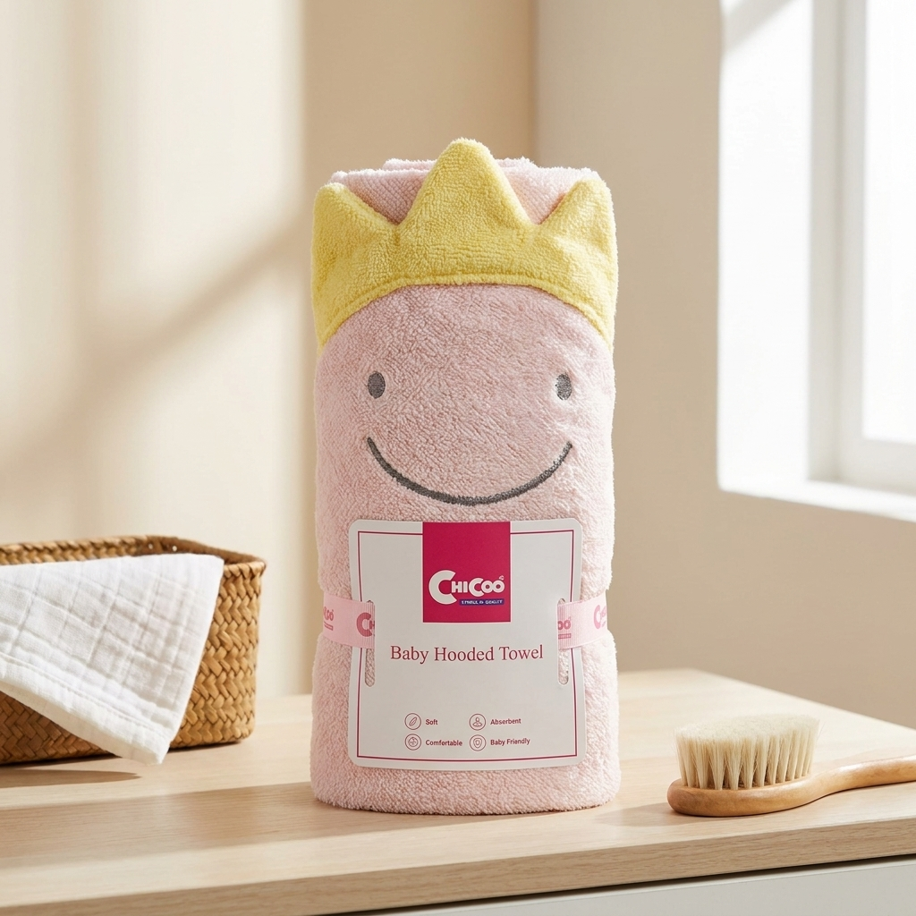 Pink baby hooded bath towel with a large yellow crown-shaped hood detail and embroidered smiling face.