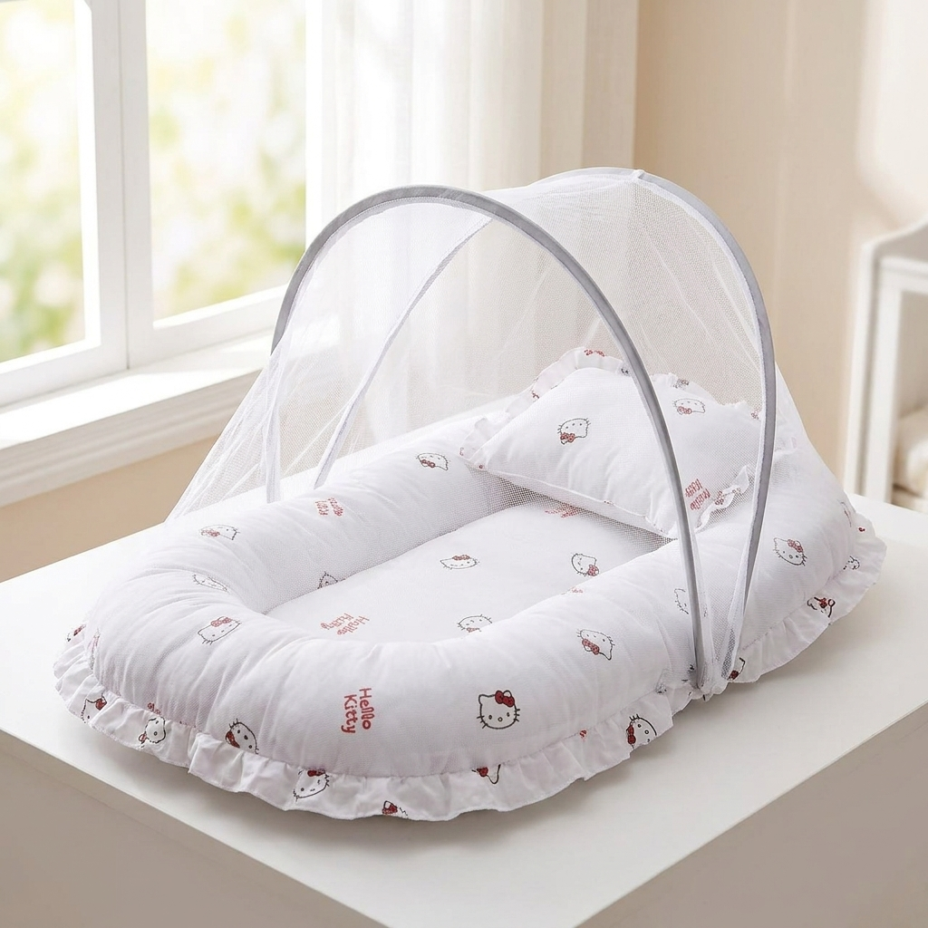 White baby mosquito carry nest with small red character-style print, ruffled edge, matching pillow and grey-trim mesh canopy