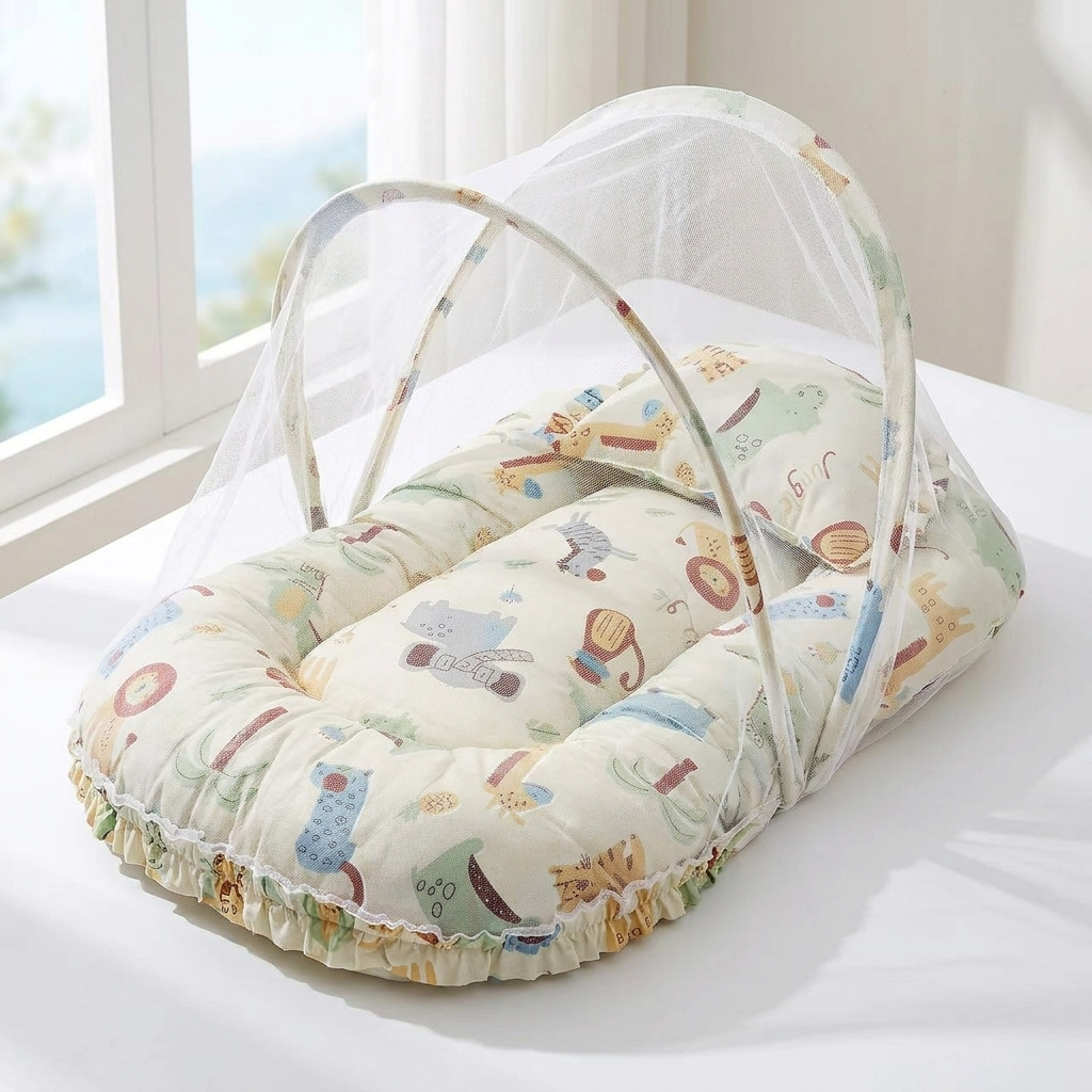 Cream baby mosquito carry nest with pastel animal print, ruffled outer trim, matching pillow and arched mesh net canopy
