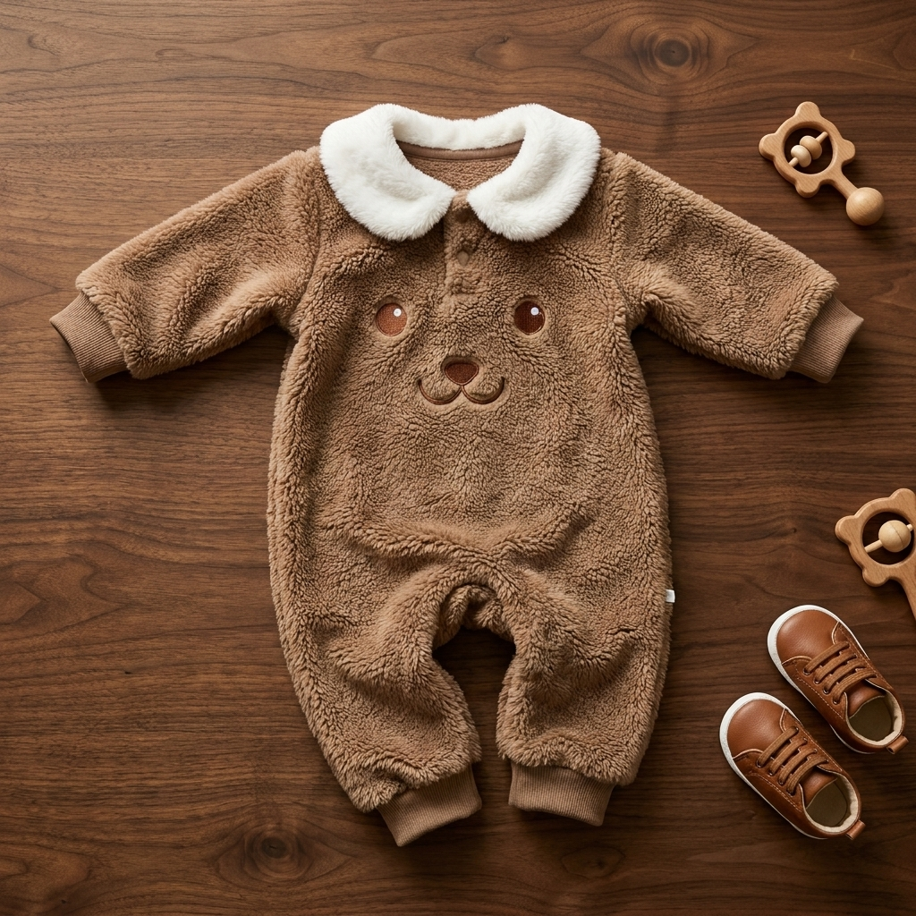 Brown baby plush bear-face romper displayed flat with a White rounded collar and ribbed-looking sleeve and ankle cuffs.