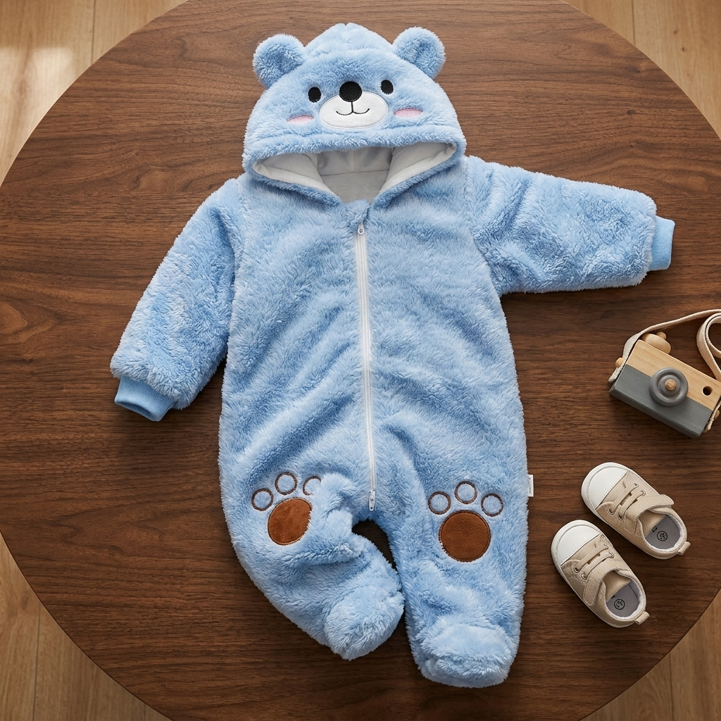 Light Blue baby shaggy hooded romper displayed flat on a round wooden table, with raised bear ears, white zip and contrast brown paw knees.