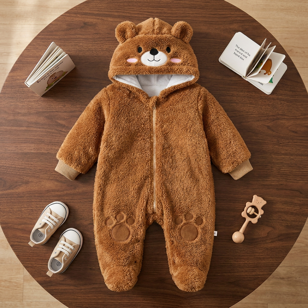 Brown baby shaggy footed romper laid flat, showing the bear-face ear hood, light hood lining, centre zip and matching paw-detail knees.