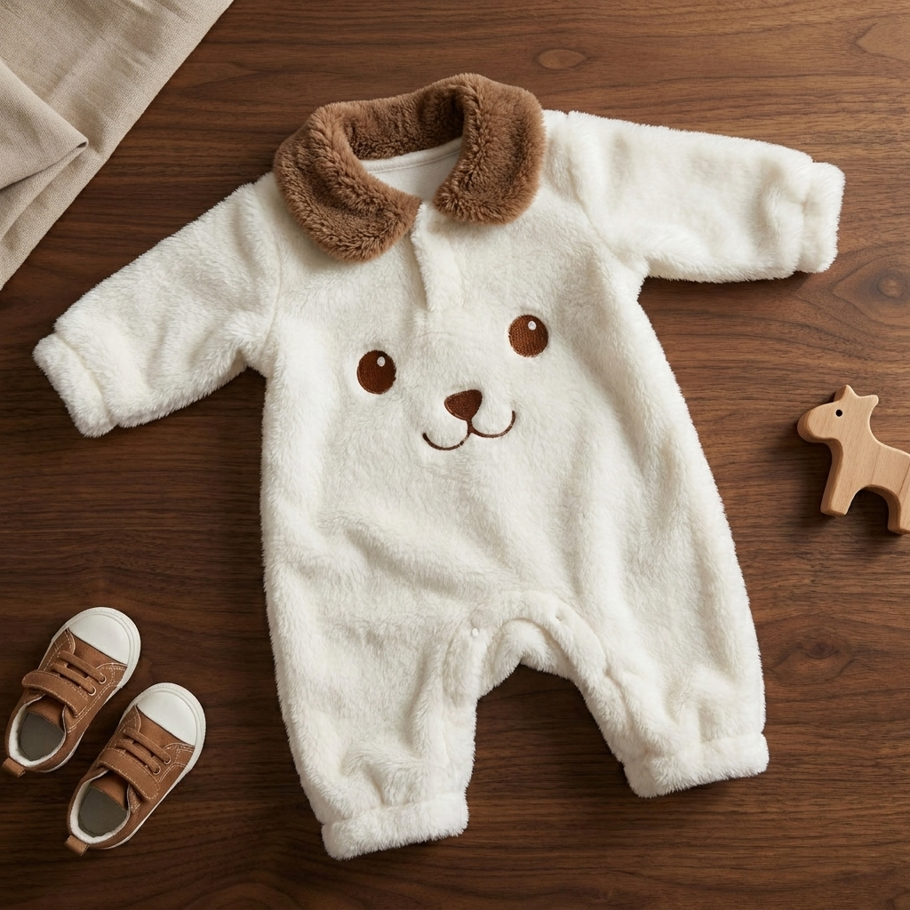 White baby plush bear-face romper laid flat on a wooden surface, featuring a fluffy Brown rounded collar and embroidered-look smiling face.