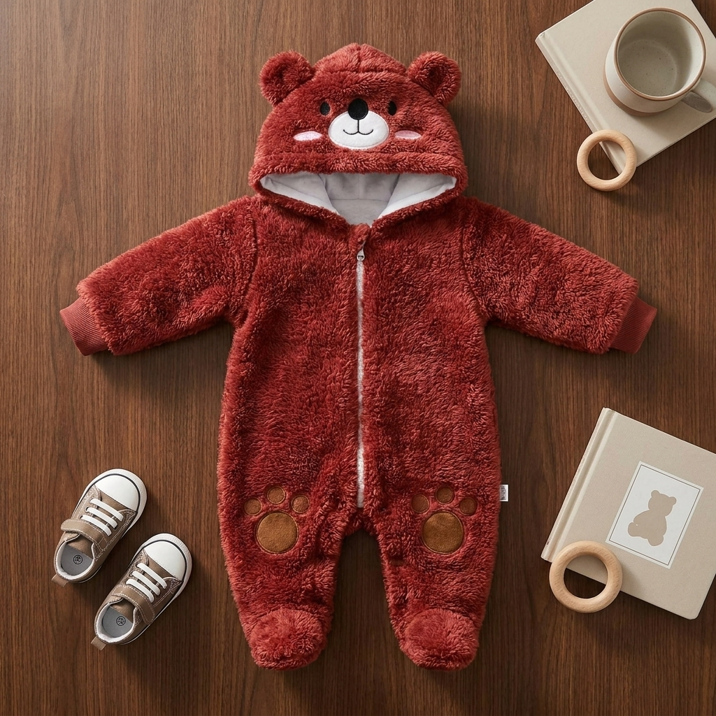 Red-brown baby shaggy hooded romper laid flat, featuring a smiling bear-face hood, white lining, front zip and paw-print knee appliques.