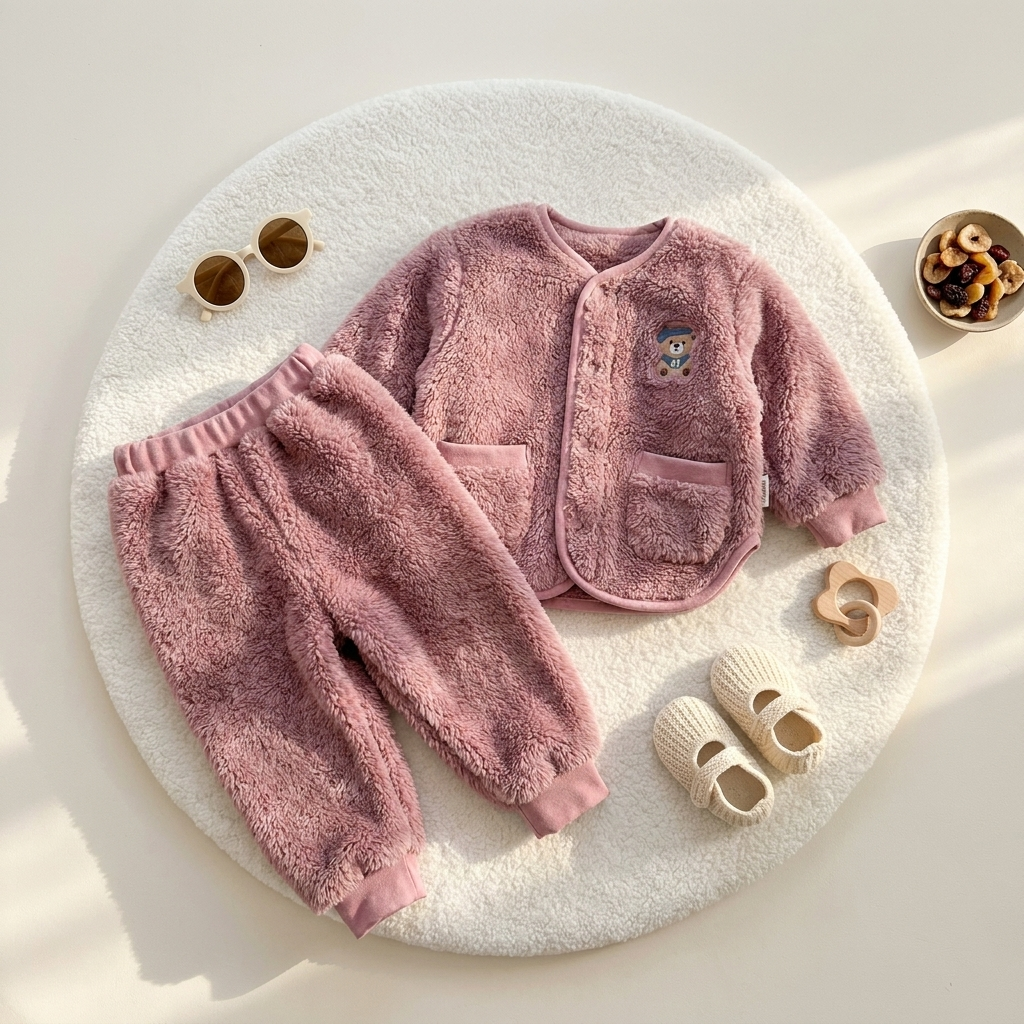 Pink baby shaggy jacket and trouser 2pc suit displayed overhead on a round textured mat, with teddy chest patch and elastic-waist cuffed pants.