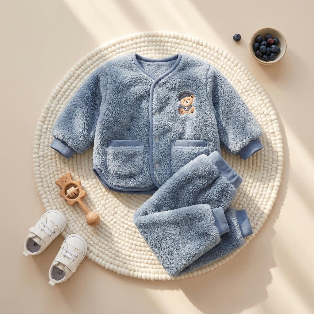 Blue baby shaggy 2pc suit flat lay, featuring a bound-edge front-opening jacket with bear patch, patch pockets and matching soft trousers.