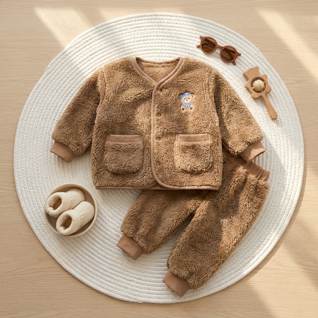 Brown baby shaggy jacket and trouser 2pc suit arranged on a circular rug, showing the teddy chest motif, front pockets and cuffed trouser hems.