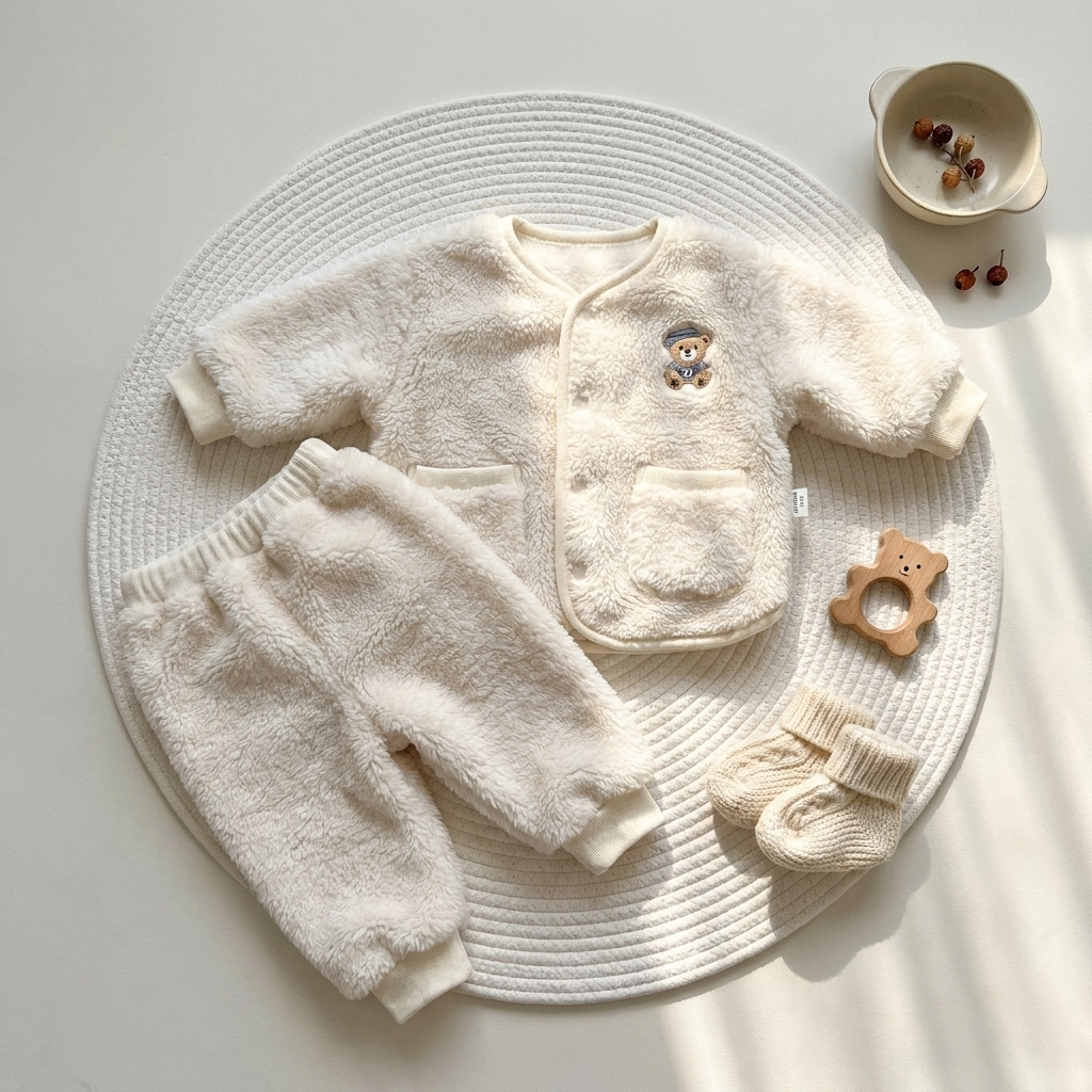 White baby shaggy 2pc suit laid flat on a round woven mat, showing the teddy bear chest patch, two front pockets and matching cuffed trousers.
