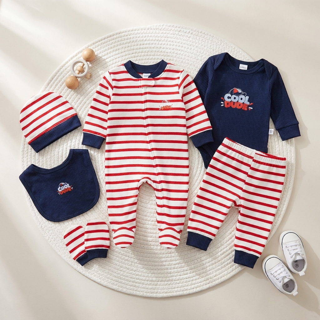 Red and White striped Cool Dude newborn 6-piece starter set flat lay with Navy bodysuit, footed zip romper, striped trousers, cap, bib and mittens.