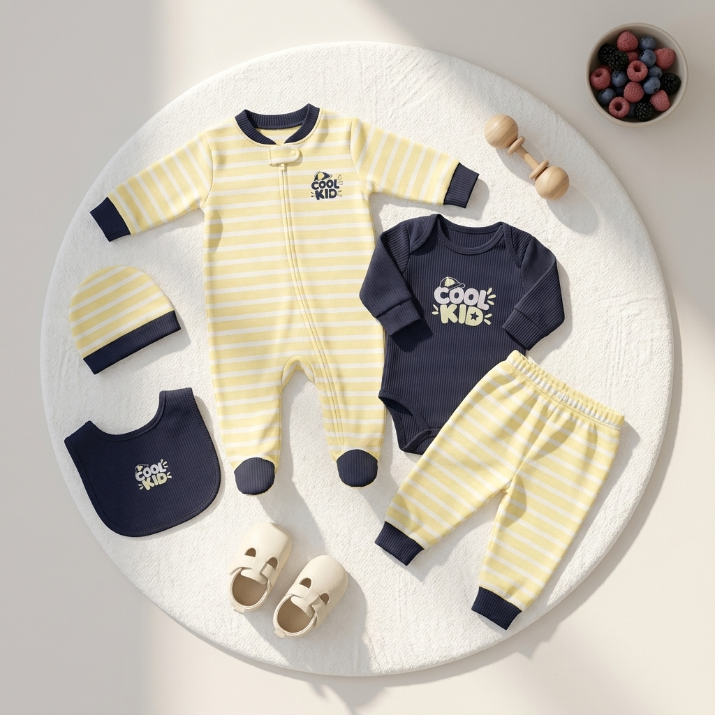 Yellow and White striped Cool Kid newborn 6-piece starter set flat lay with Navy footed zip romper, bodysuit, trousers, cap and bib.