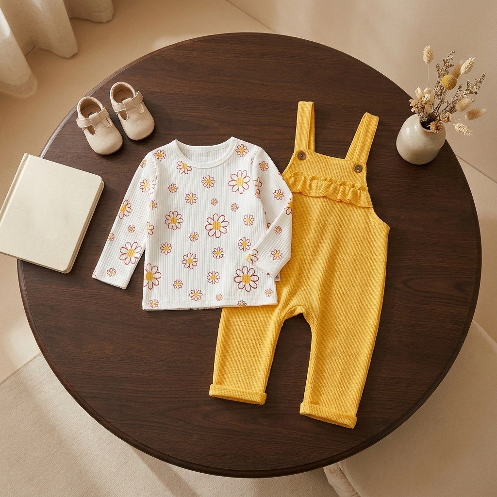 Yellow ruffle bib dungaree with a White daisy-print long-sleeve top, laid flat on a dark wooden table, showing buttoned shoulder straps and textured-look fabric.